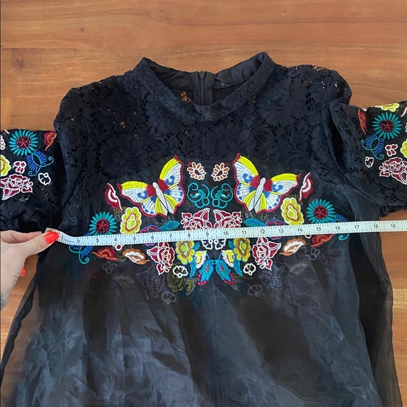 Beautiful black organza overlay babydoll sheer dress embroidered lace butterfly - Picture 13 of 16